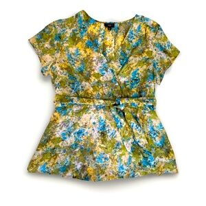 Talbots 10P Cotton Silk Green Floral Print Cap Sleeve V-Neck Wrap Blouse
